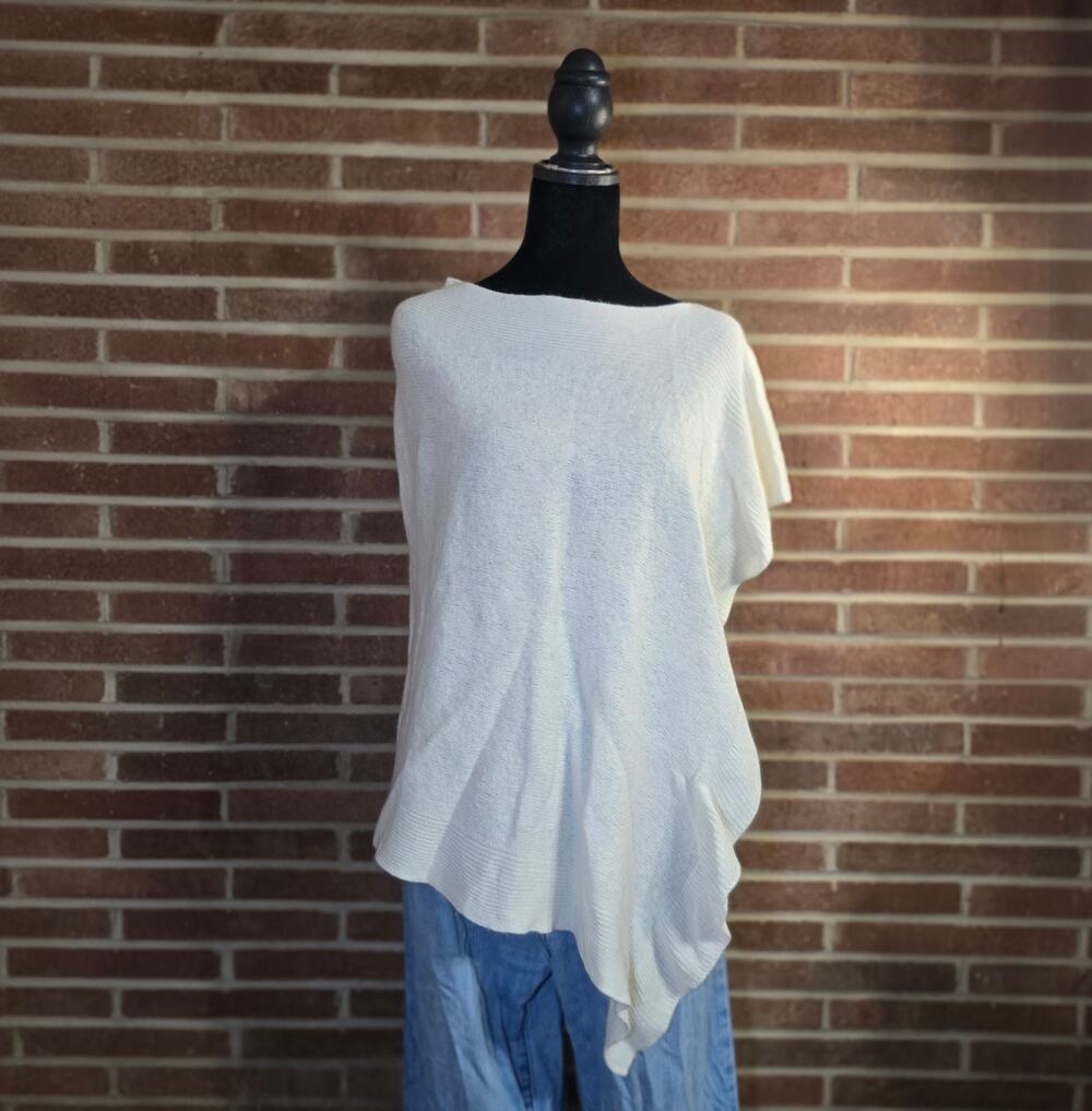 Cream Open Knit Poncho Top Asymmetrical Sharkbite Hem One Size